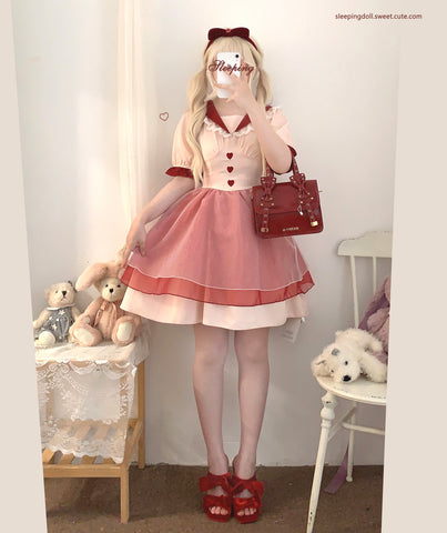 sleepingdoll Heart Button Pink Sailor Collar Sweet Girl Dress