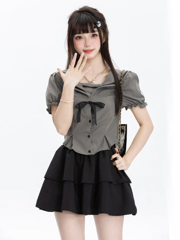 POSHOP black and gray college slim sailor suit cake skirt suit
