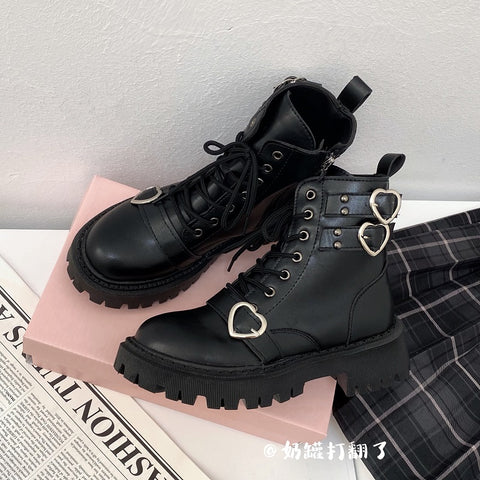 Thick-soled New Style Japanese Harajuku Style Love Buckle Thick Heel Boots