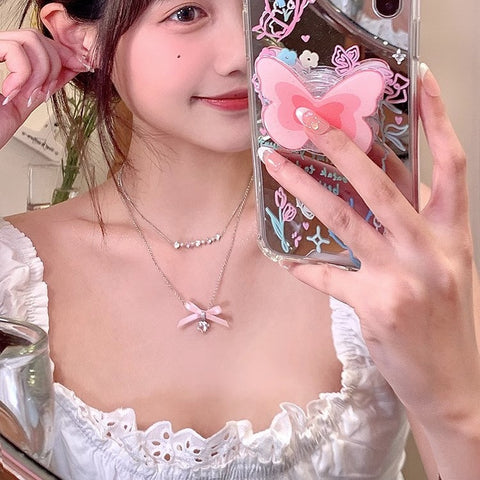 Heart Bow Knot Pearl Necklace Summer Sweet Girly Style Niche Design Light Luxury High-end Stacked Clavicle Chain - Jam Garden