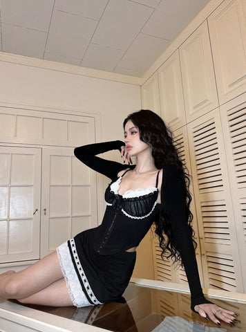 Original vintage corset lace black and white long sleeve hip dress