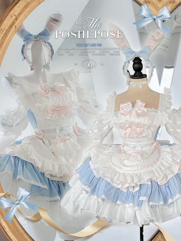 POSHEPOSE Blue and white apron rabbit princess style new bow dress suit