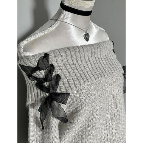 Women's retro off-shoulder grey sweater