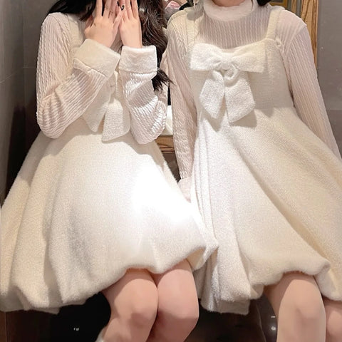 Girly Sweet Japanese Cute White Plush Bow Suspender Dress