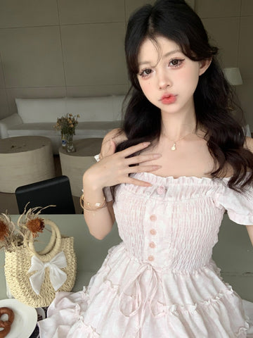 Pink one shoulder sweet dress for summer