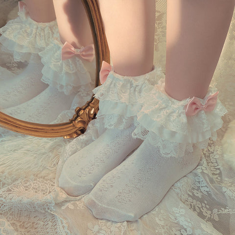 Cute pink lolita lace bow socks