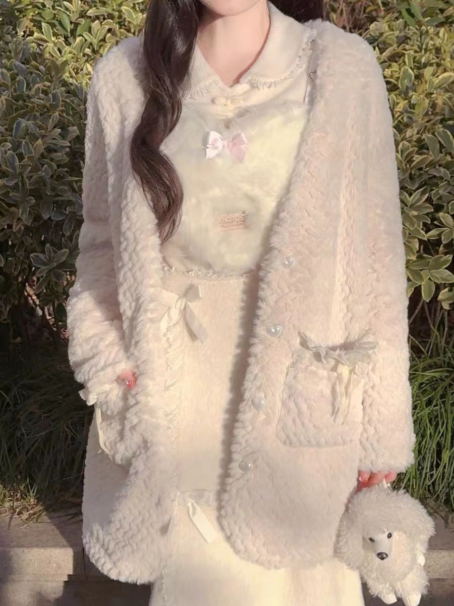Cute Soft Waxy Plush Mid-Length Fleece Sweater