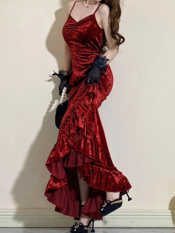Burgundy lolita strappy fishtail dress