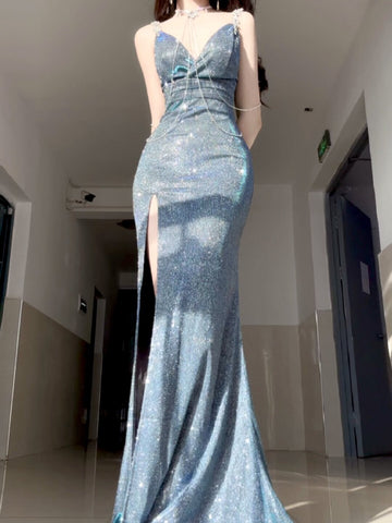 New sexy deep V slit floor-length evening dress