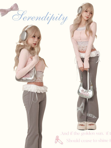 Serendipity Casual Aesthetic Pink Top + Camisole + Gray Trousers