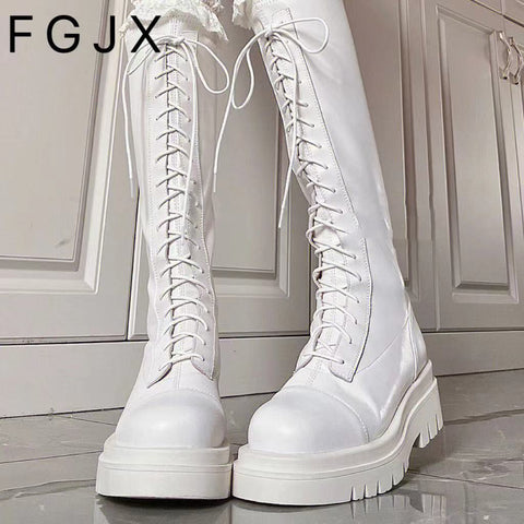 Women's super leg-lengthening lace-up white boots