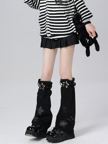 Japanese dark black star leather buckle denim y2k hot girl leg sleeves