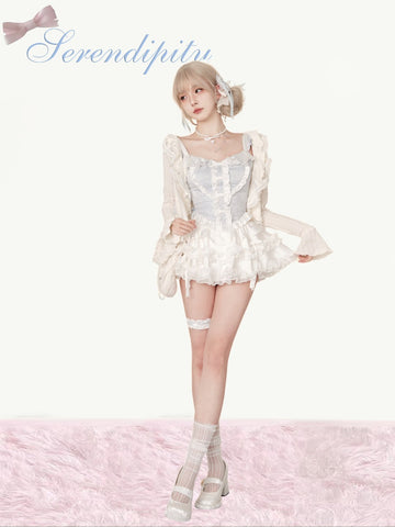 Serendipity Coast Elf White Cardigan + Blue Suspender + White Cake Skirt