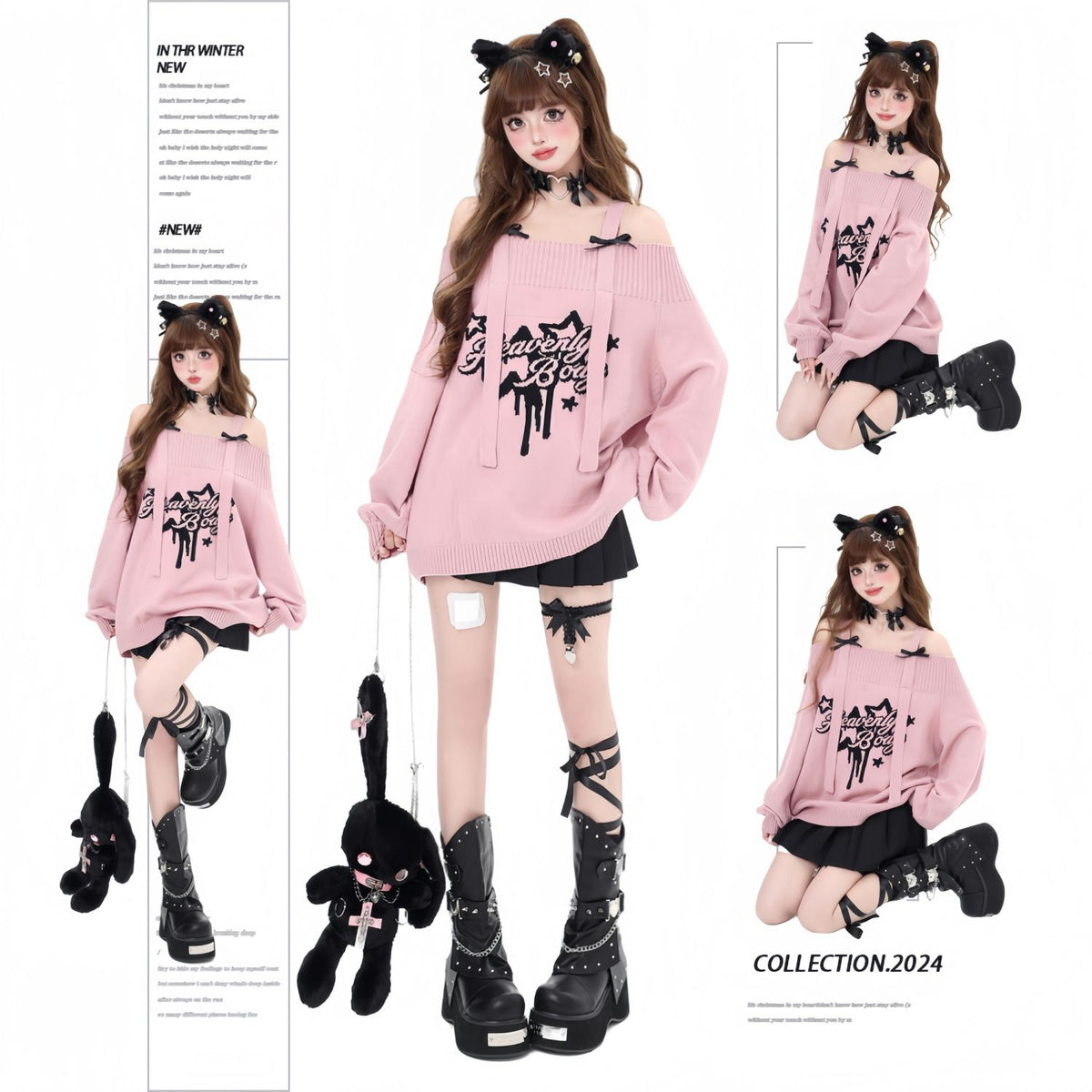 Original sweet and cool bow shoulder loose sweater