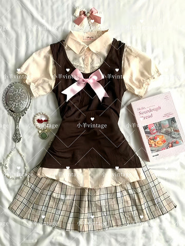 Retro college style suit bow shirt vest plaid skirt