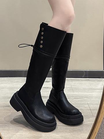 Black retro American thick-heeled platform boots