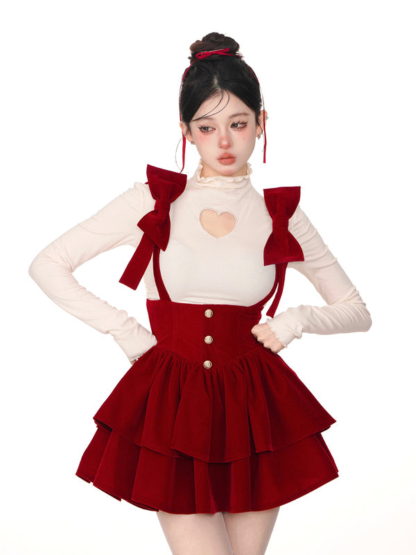 [Ellie's Sweet Dreams] Red Bow Tie Back Top Skirt Set