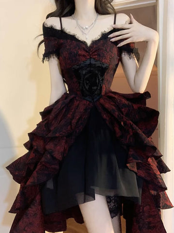 Black and red one shoulder palace dress lolita princess dress