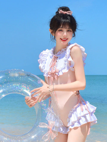 Sweet bow pink whitening student one-piece swimsuit