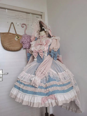 New original lolita blue and pink long-sleeved dress