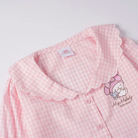 Pink Plaid Melody Doll Collar Girl Pajamas Summer Short-Sleeved Student Cute Home Service Suit - Jam Garden