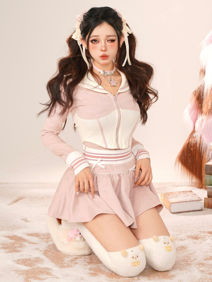 Pink Casual Sports Suit Skirt Girl Long-sleeved Top Jacket Short Skirt