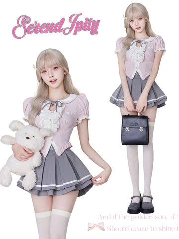 Serendipity Hanwon daughter pink top + gray skirt