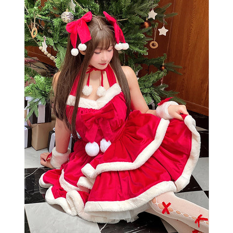 [Christmas Love Song] Sweet Girl New Year Bow Plush Dress