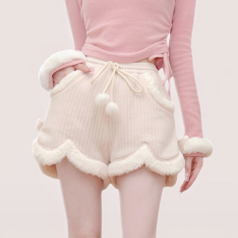 Cream Wool Series Great Wear Soft Waxy Twist Knit Plush Lace Shorts Pink - Jam Garden