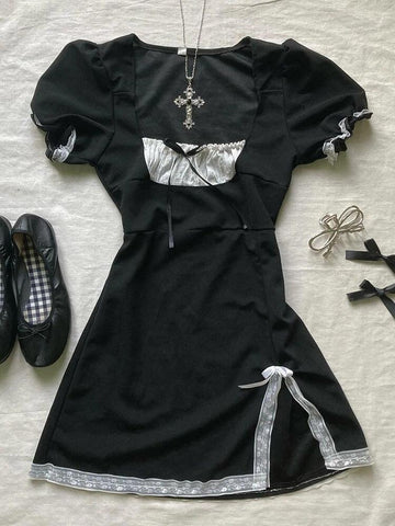 Original Puff Sleeve Black Square Neck Dress
