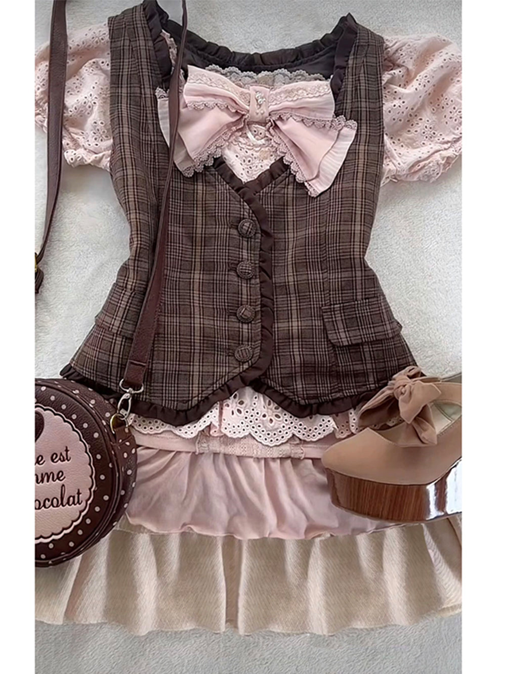 Bow Lace Top Pink Plaid Vest Jacket