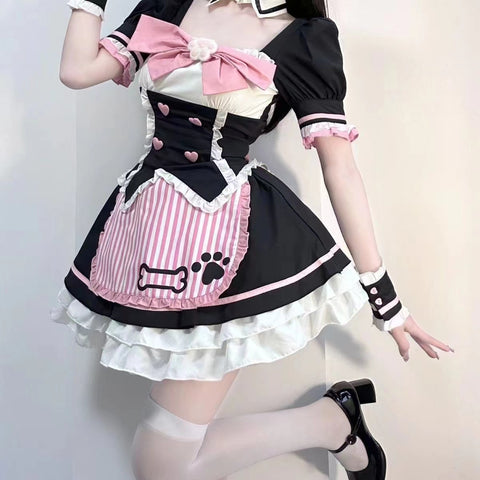 [Kitty Maid] Lolita Button Apron Cat Paw Bow Tie Printed Maid Set