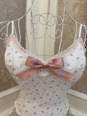 Sweet girl INS floral bow heart lace top