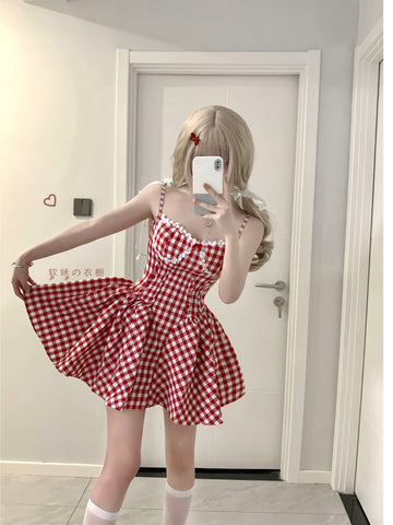 Sweet girl style waist-cinching princess tutu skirt red plaid dress