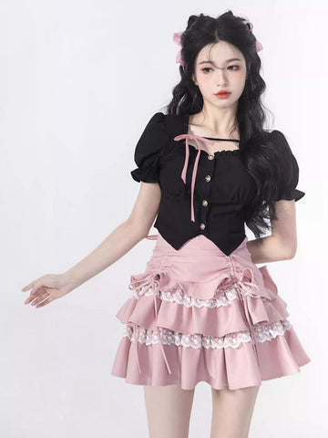 Summer New Style Square Neck Puff Sleeve Top High Waist Skirt Cake Skirt Two Piece Set