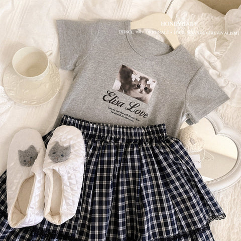 Cute cat short sleeve casual T-shirt for girls