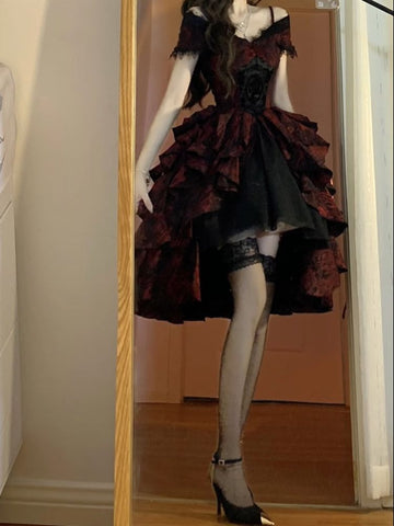 Black and red one shoulder palace dress lolita princess dress