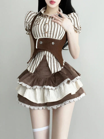 Bubble Striped Shirt Brown Vest Skirt (3-pieces set) - Jam Garden