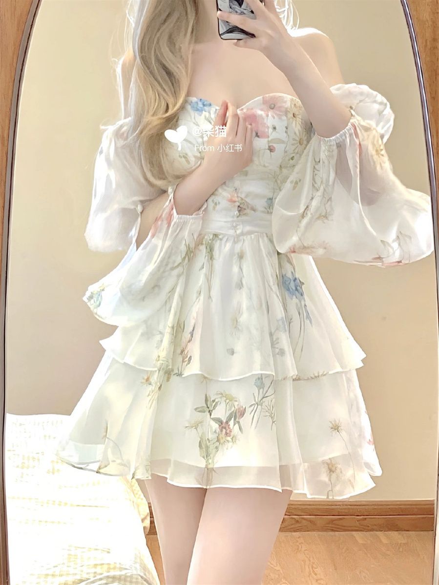 Pure Desire To Reduce Age Floral Floral One-Shoulder Dress Summer Holiday Wind Waist Slimming Short Skirt - Jam Garden