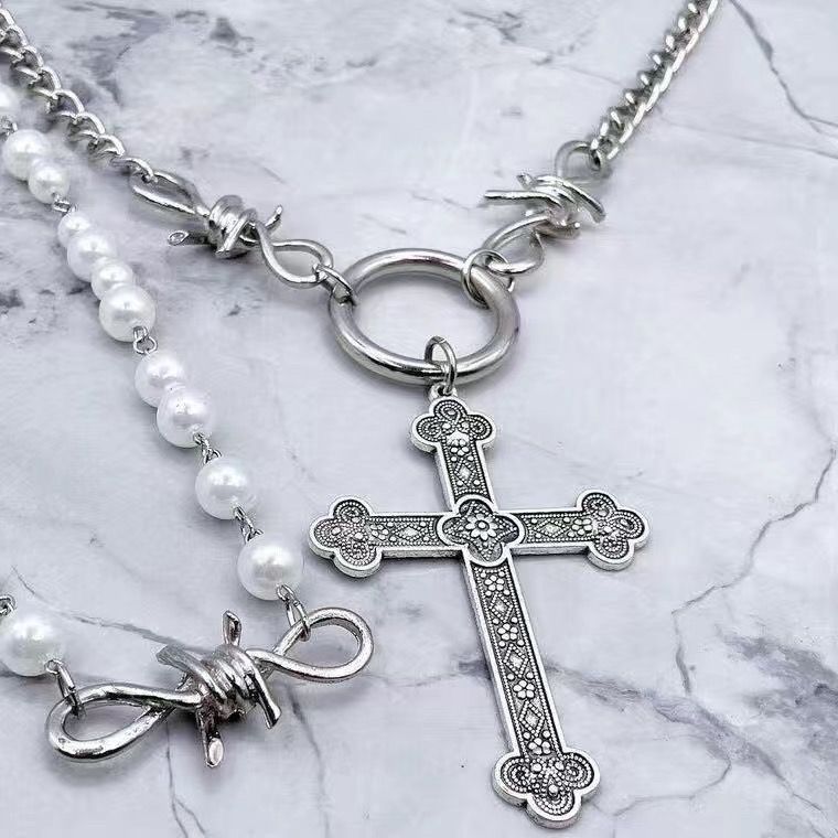 Pearl Cross Pendant Necklace Hip Hop Sweet Cool Metal Multilayer Clavicle Chain Accessories - Jam Garden