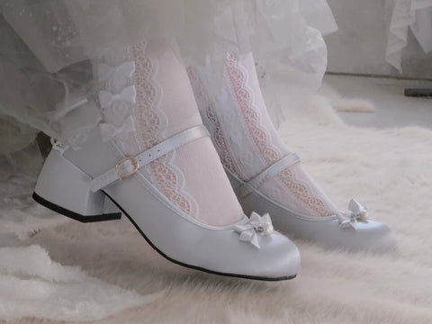Silver mid-heel square heel round toe satin high heels Lolita