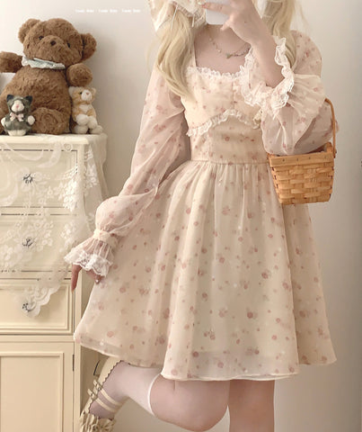 Sleepingdoll POSHEPOSE Floral Retro Cute Chiffon Summer Square Neck Dress