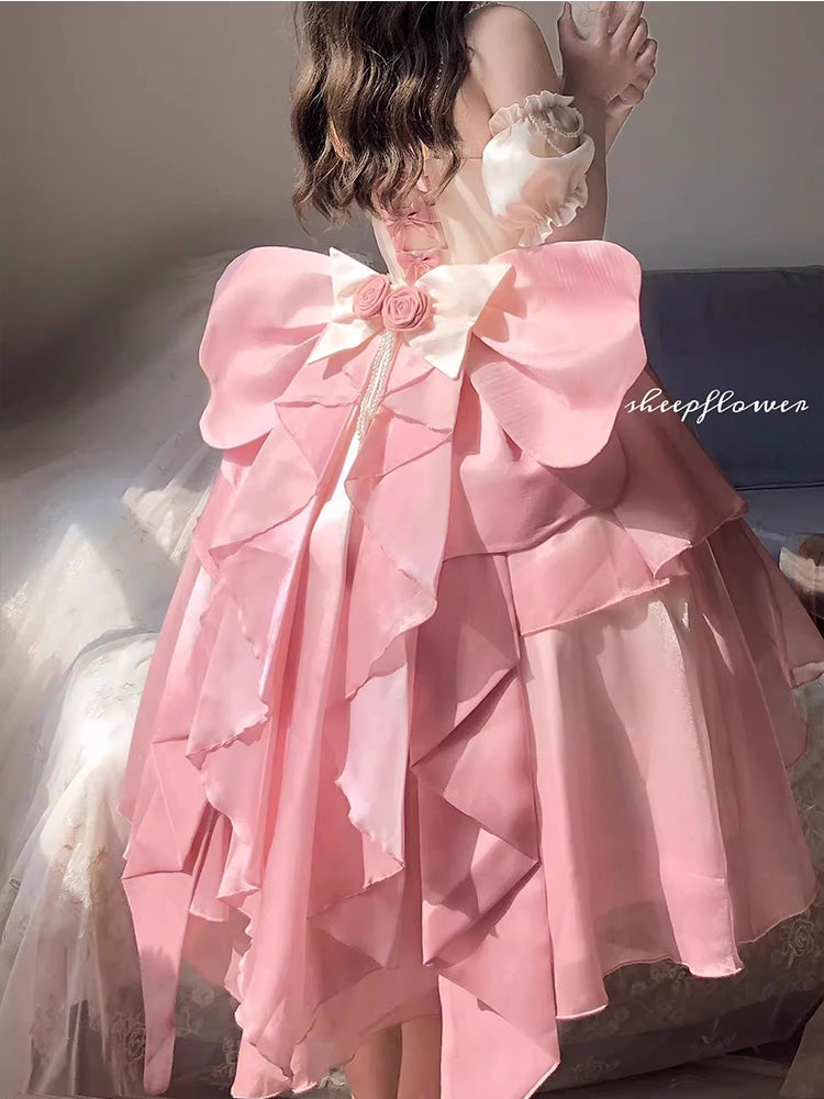 Gradient pink hollow front short back long lolita tail princess dress