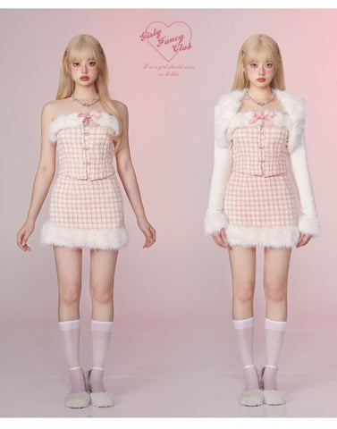 [Princess Anna] Raw Edge Tweed Sheath Blouse Little Fragrance Set Skirt