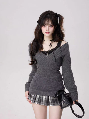 Vintage autumn and winter sweater series V-neck hot girl retro slim fit