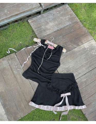 Summer new black one-shoulder suit with bow dress