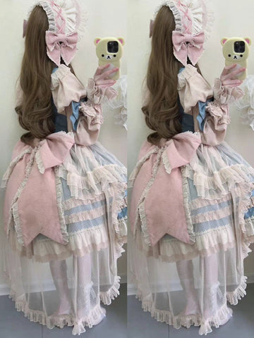 New original lolita blue and pink long-sleeved dress