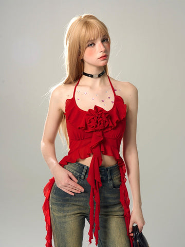 Dollybaby Women's summer sleeveless red halter neck T-shirt