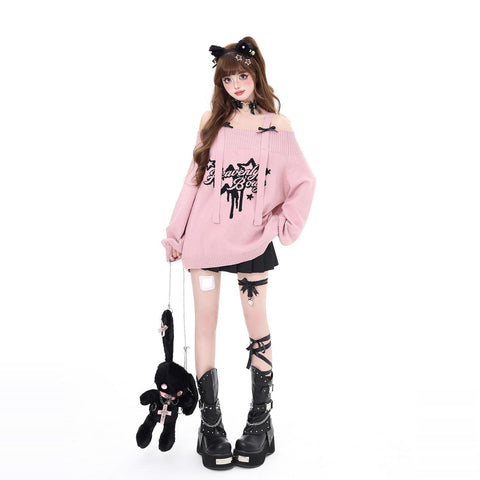 Original sweet and cool bow shoulder loose sweater