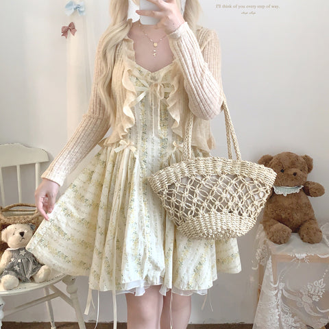 sleepingdoll Cotton Vintage Print Soft Bow Dress